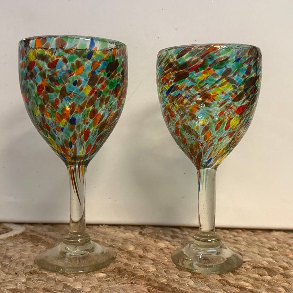 Hand Blown Art Glass Confetti Wine Glasses Set of 2 Multicolor Murano Style